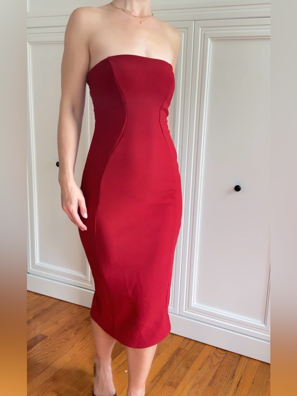 Zara Strapless Crepe Midi Dress Maroon Burgundy Contour Seam Size M